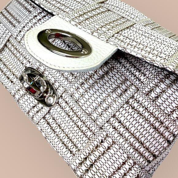 Alma Tonutti Italy Leather Fabric Purse Bag Silver Chain Strap Woven White Tan - Picture 5 of 11